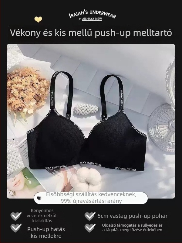 Varratlan melltartó vastag formázott kosarakkal, push-up, acélkarika nélkül, oldalsó összegyűjtés