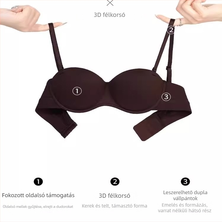 Herati varrat nélküli félkosaras melltartó Push-Up, nylon, rögzített dupla vállpántok