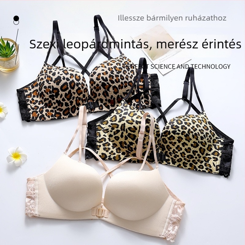 Leopárd mintás, varrás nélküli melltartó elöl záródással, vezeték nélküli, vastagított push-up, oldalsó formázás