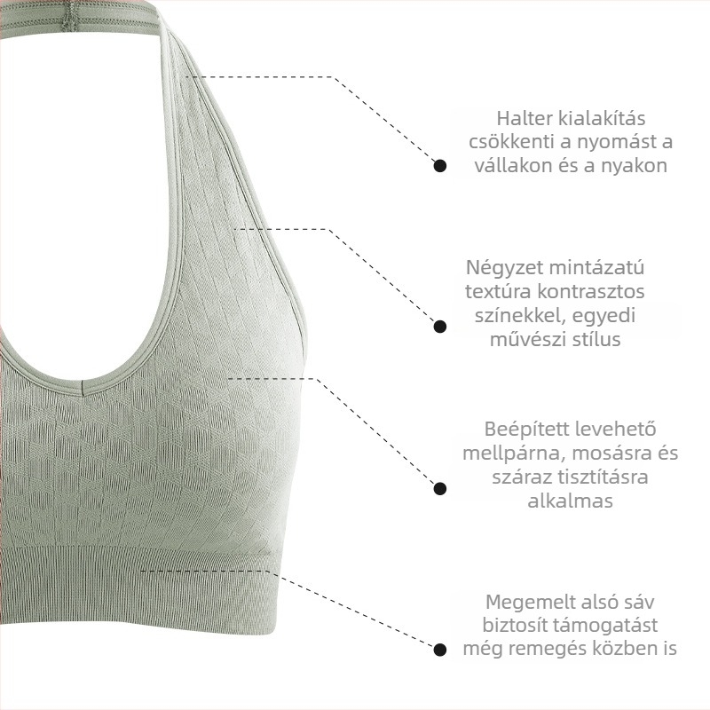 Jóga felső mellpárnával (Szövet: Spandex/Lycra; Fő anyag: Spandex 6,1%; Belső anyag: Nylon 93,9%; Kosár: 3/4, vékony formázás; Seamless: Igen)