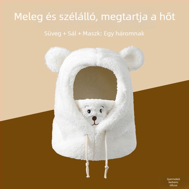 Integrált téli sapka nyakvédővel, szélálló és meleg — >96% poliészter, kupola alakú fejfedő, 10+ éveseknek