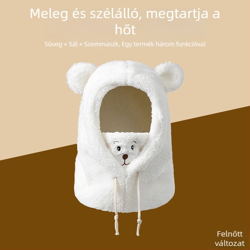 Integrált téli sapka nyakvédővel, szélálló és meleg — >96% poliészter, kupola alakú fejfedő, 10+ éveseknek