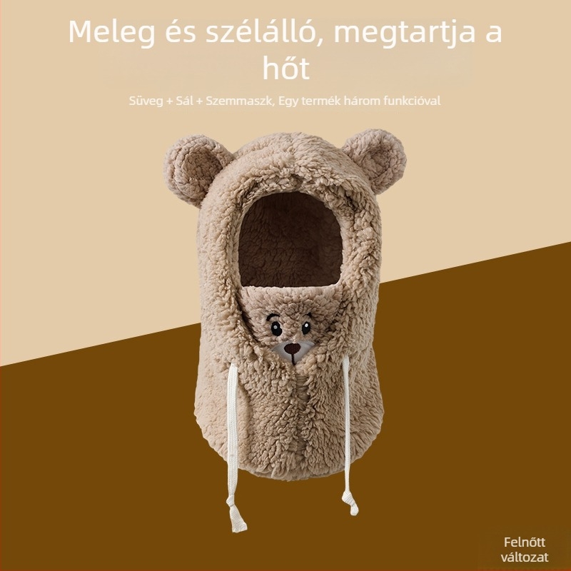 Integrált téli sapka nyakvédővel, szélálló és meleg — >96% poliészter, kupola alakú fejfedő, 10+ éveseknek