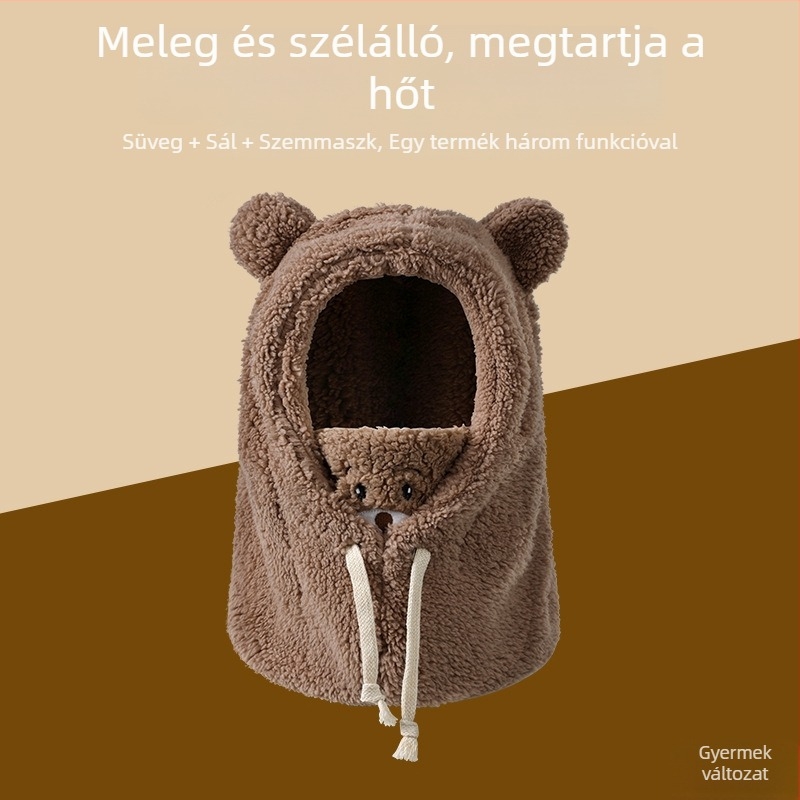 Integrált téli sapka nyakvédővel, szélálló és meleg — >96% poliészter, kupola alakú fejfedő, 10+ éveseknek