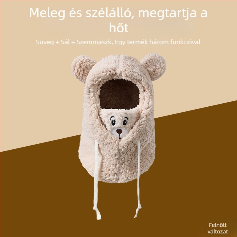 Integrált téli sapka nyakvédővel, szélálló és meleg — >96% poliészter, kupola alakú fejfedő, 10+ éveseknek
