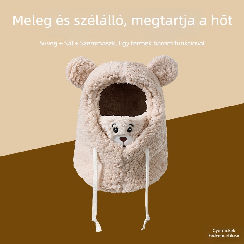Integrált téli sapka nyakvédővel, szélálló és meleg — >96% poliészter, kupola alakú fejfedő, 10+ éveseknek