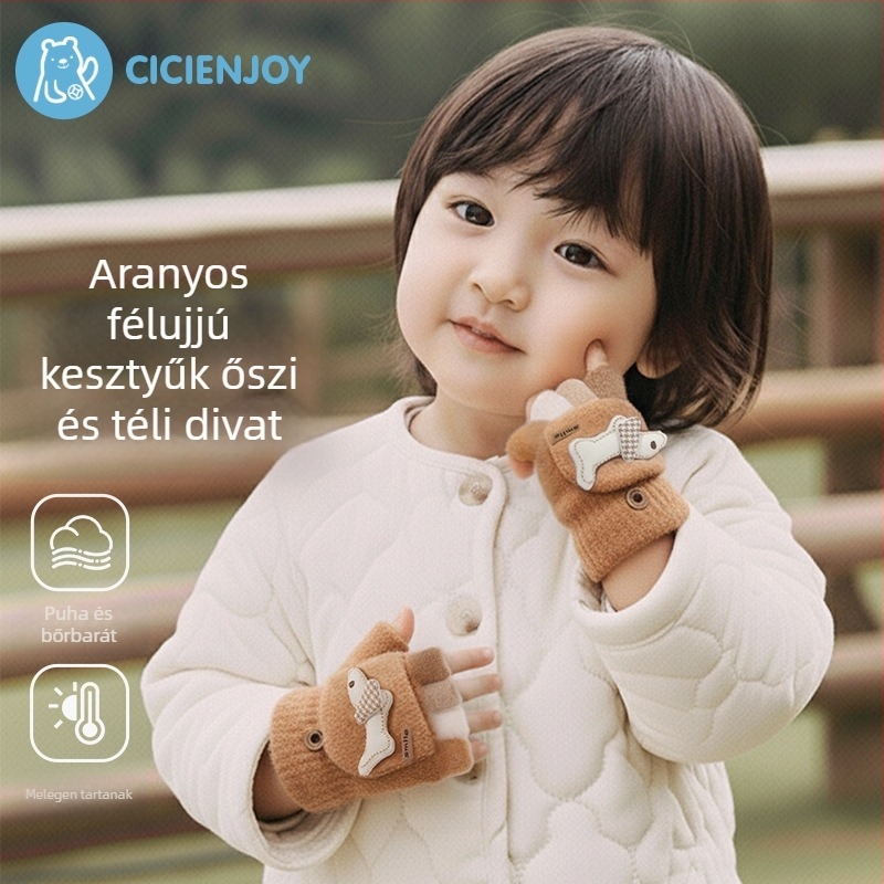 Téli gyerek kesztyűk, osztott ujjas, karikatúra mintával, kötött nylon anyagból, uniszex, melegen tart, 0–3 éveseknek