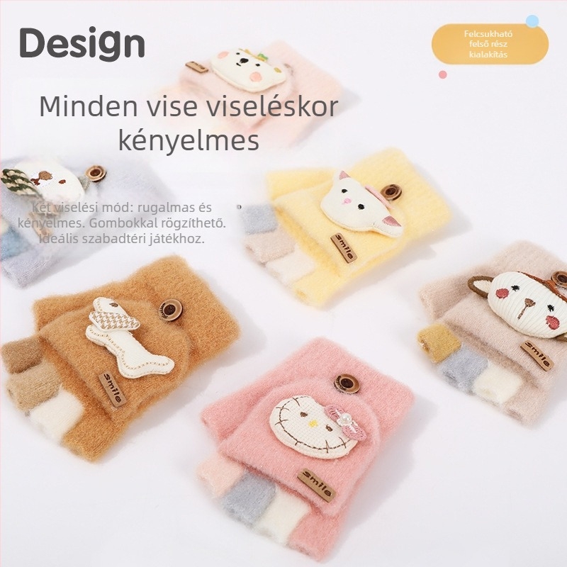 Téli gyerek kesztyűk, osztott ujjas, karikatúra mintával, kötött nylon anyagból, uniszex, melegen tart, 0–3 éveseknek