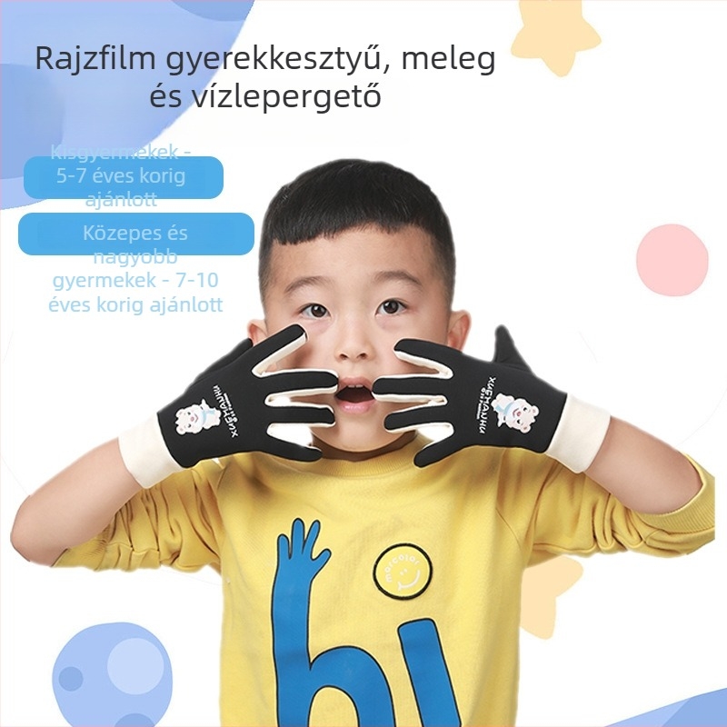 Téli gyerek kesztyű rollerhez, béléses, szél- és vízálló, meleg, aranyos rajzfilm mintával, 6–10 éveseknek