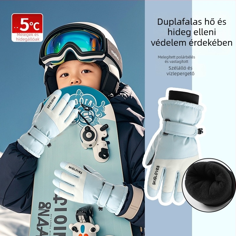 Gyerek síkesztyűk – meleg, poliészter anyagú, Koreai stílusú ujjas kivitel, 8–12 éveseknek, tél