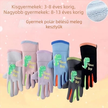 Őszi–téli gyerek kesztyűk cartoon dinoszaurusz figurával, világító a sötétben, vízálló, fleece-béléssel, kültéri sportokra és játékra a hóban