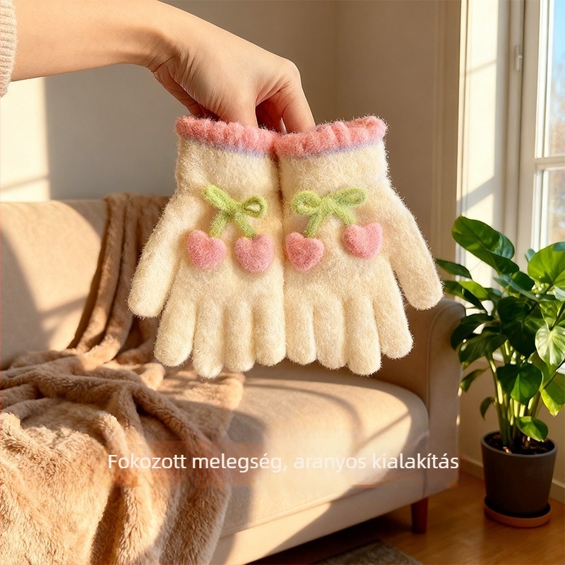 Gyerekeknek készült kötött kesztyű jacquard szív mintával, melegen tartja a kezét, 4–12 éveseknek, tél