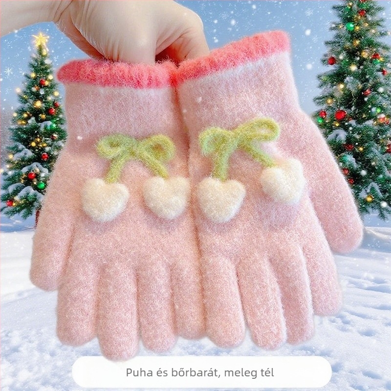 Gyerekeknek készült kötött kesztyű jacquard szív mintával, melegen tartja a kezét, 4–12 éveseknek, tél