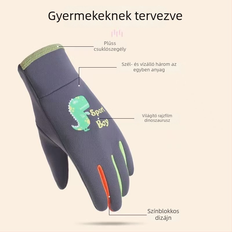 Gyerekeknek készült meleg, csúszásmentes kesztyű dinoszaurusz mintával, fénylő hatású télre 2025
