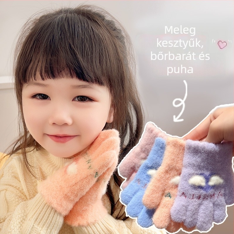 Little Angel Gyerekek téli kesztyűi, uniszex, szétválasztott ujjak, rajzfilmszerű dizájn, vastag szigetelés