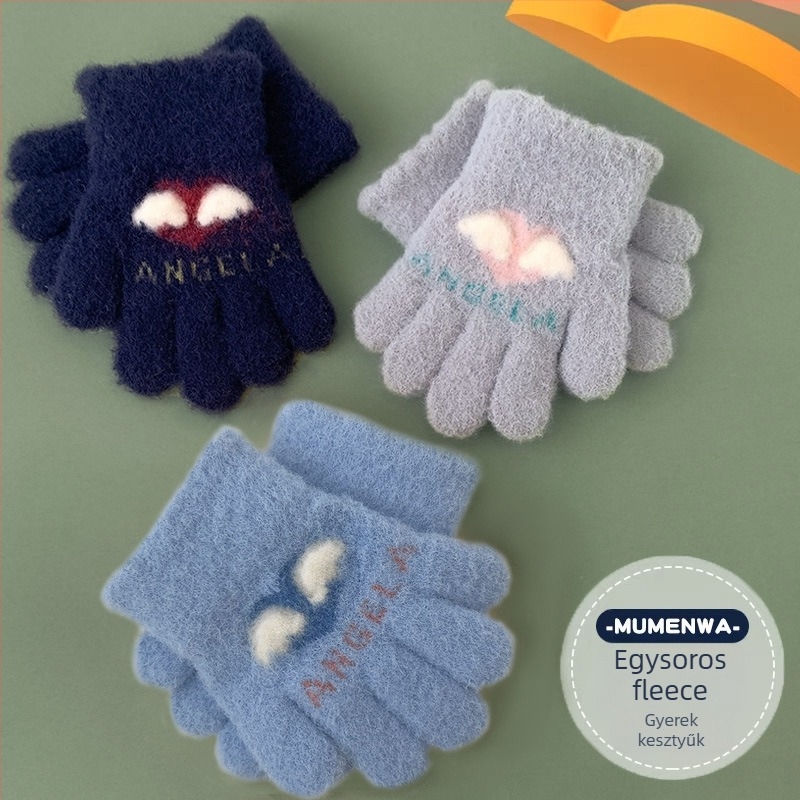 Little Angel Gyerekek téli kesztyűi, uniszex, szétválasztott ujjak, rajzfilmszerű dizájn, vastag szigetelés