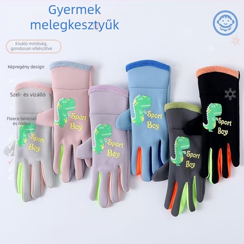 Gyerekek téli vízálló kerékpáros kesztyűk fleece-béléssel, dinoszaurusz mintával, uniszex, 6–12 év