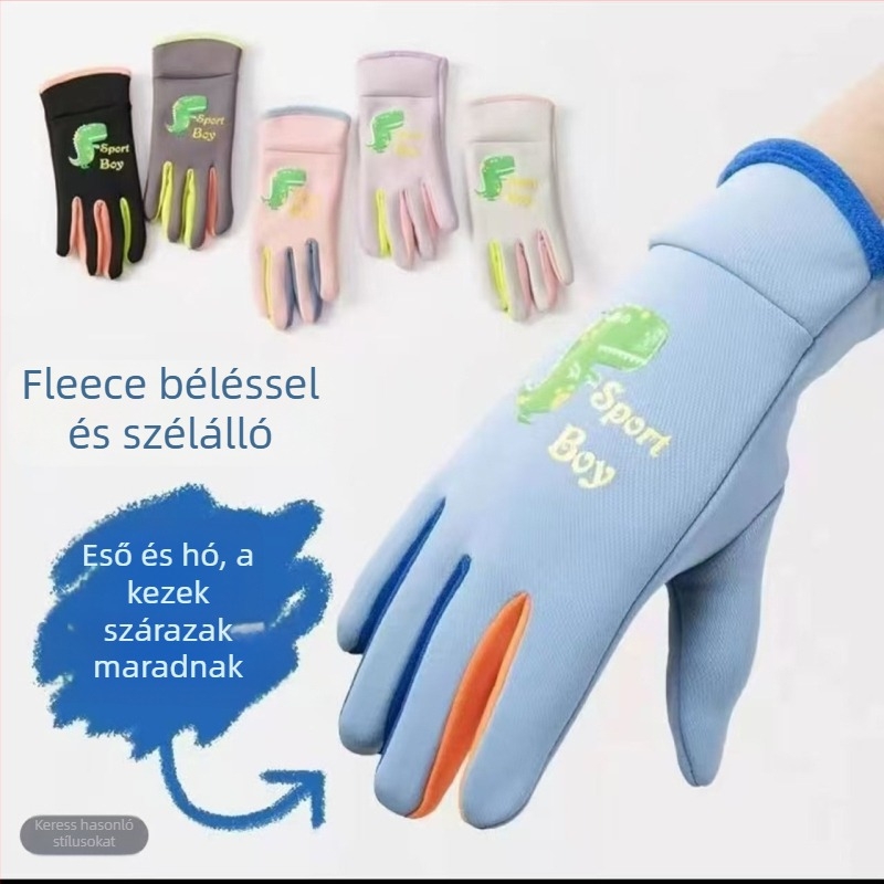 Gyerekek téli vízálló kerékpáros kesztyűk fleece-béléssel, dinoszaurusz mintával, uniszex, 6–12 év
