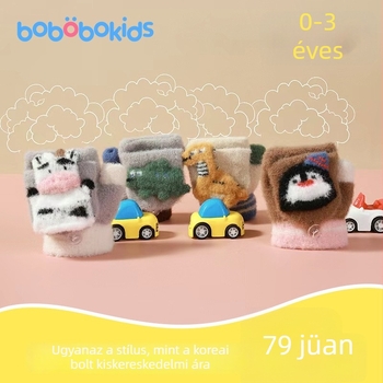 3D-s karikatúra mintás gyerek félujjas kesztyű fedőrésszel, jacquard kötés, meleg őszre–télre, 0–3 éveseknek