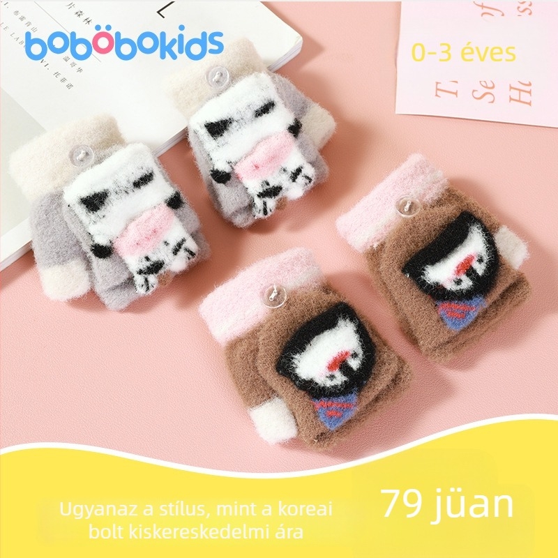 3D-s karikatúra mintás gyerek félujjas kesztyű fedőrésszel, jacquard kötés, meleg őszre–télre, 0–3 éveseknek