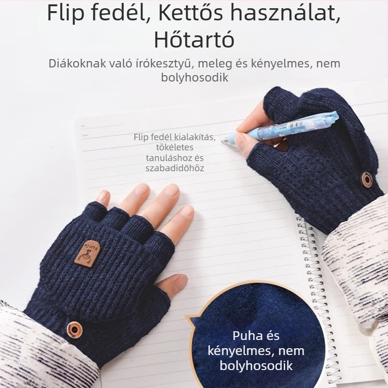 Kötött gyerek kesztyű télre, félujjas, lehajtható ujjtakaróval, meleg és íráshoz ideális