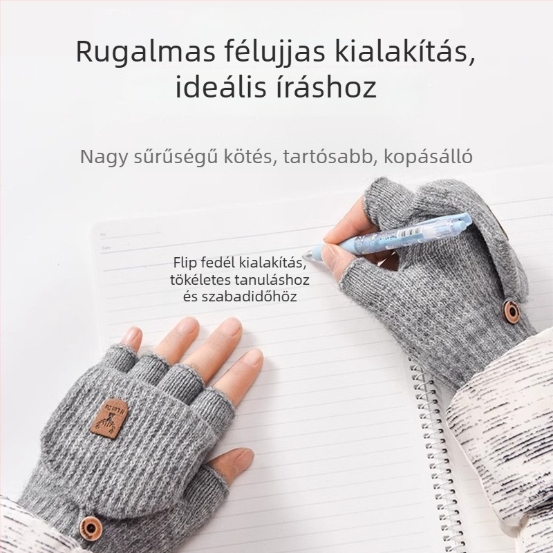 Kötött gyerek kesztyű télre, félujjas, lehajtható ujjtakaróval, meleg és íráshoz ideális