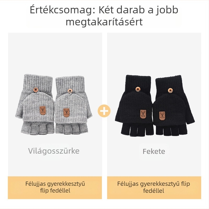 Kötött gyerek kesztyű télre, félujjas, lehajtható ujjtakaróval, meleg és íráshoz ideális
