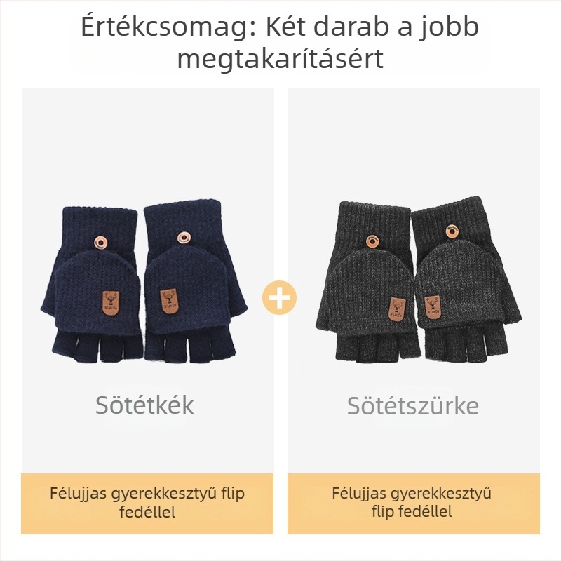 Kötött gyerek kesztyű télre, félujjas, lehajtható ujjtakaróval, meleg és íráshoz ideális