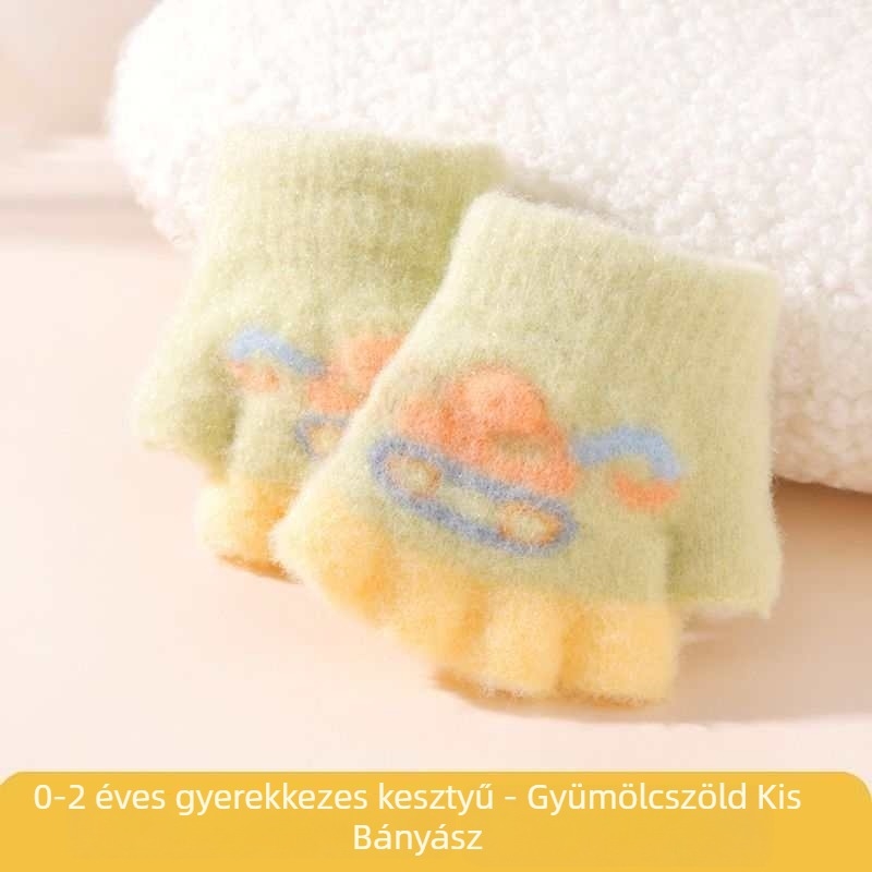 Kötött babafélujjú kesztyű, rajzolt ekskavátor mintával, meleg ősz–télre, 1–3 éveseknek