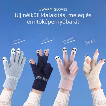 Velúr érintőképes kesztyű nyitott ujjal, meleg, monokróm minta, aranyos stílus, uniszex.