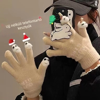 Velúr érintőképes kesztyű nyitott ujjal, meleg, monokróm minta, aranyos stílus, uniszex.