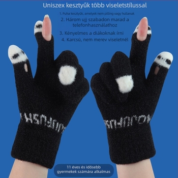 Velúr érintőképes kesztyű nyitott ujjal, meleg, monokróm minta, aranyos stílus, uniszex.
