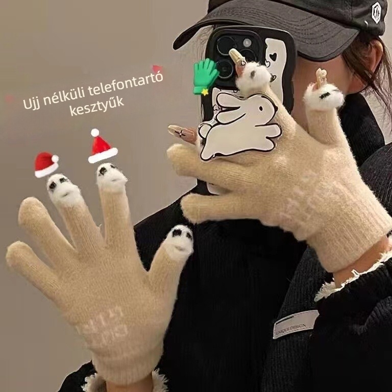 Velúr érintőképes kesztyű nyitott ujjal, meleg, monokróm minta, aranyos stílus, uniszex.