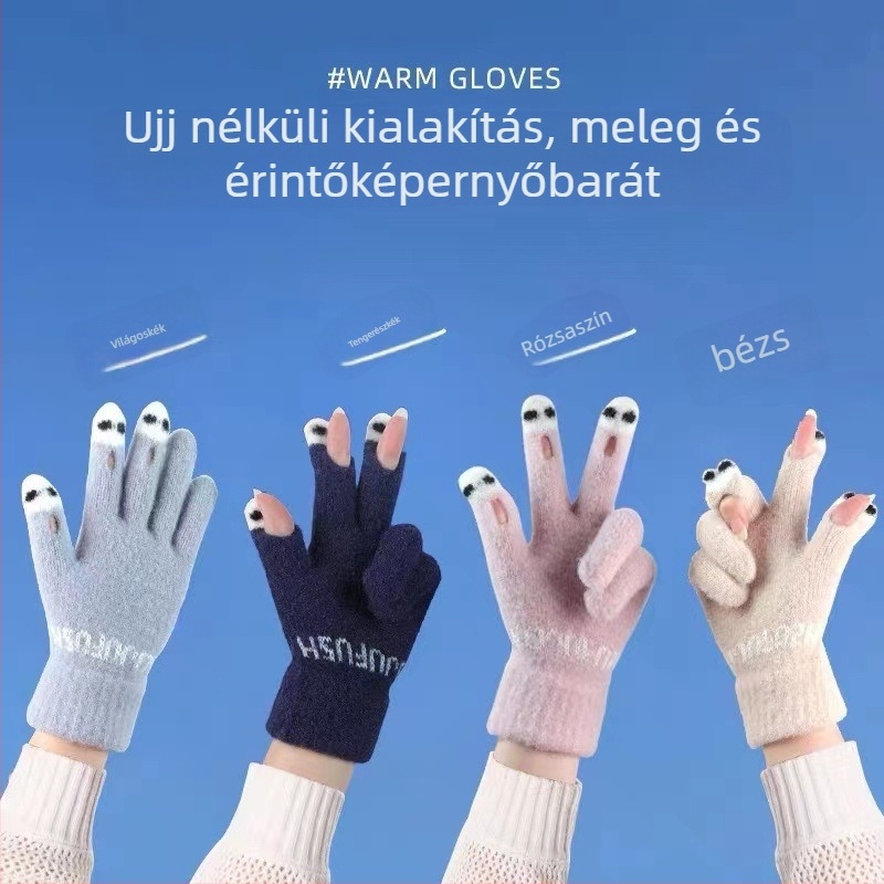 Velúr érintőképes kesztyű nyitott ujjal, meleg, monokróm minta, aranyos stílus, uniszex.