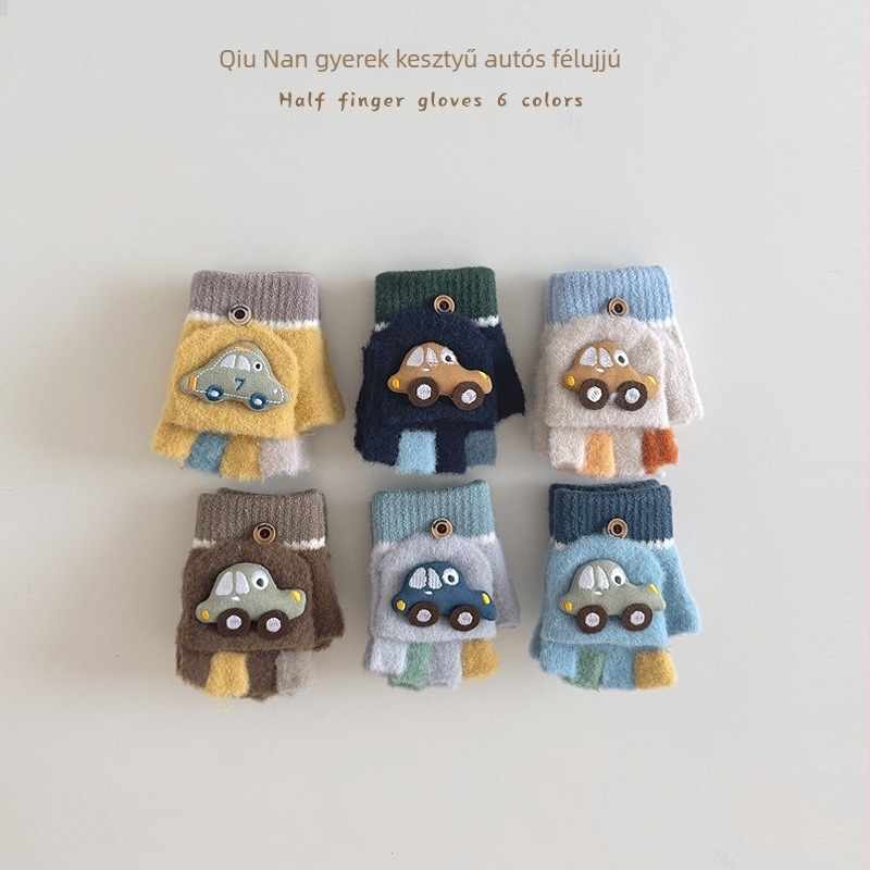 Kisgyermekek téli félujjú kesztyűk, aranyos autó motívummal, kötött és meleg