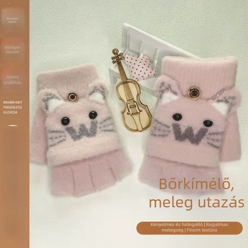Lányok téli meleg félujjas kesztyűk jacquard kötésben, rajzfilmszerű mintával, 7–18 éveseknek