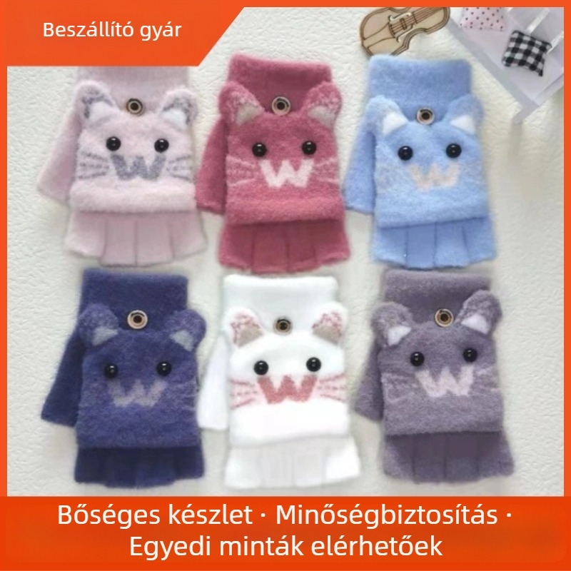 Lányok téli meleg félujjas kesztyűk jacquard kötésben, rajzfilmszerű mintával, 7–18 éveseknek