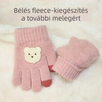 Kötött téli meleg kesztyű gyerekeknek, fleece-belsővel, vastagított, ötujjas, szív minta, 1–5 éveseknek