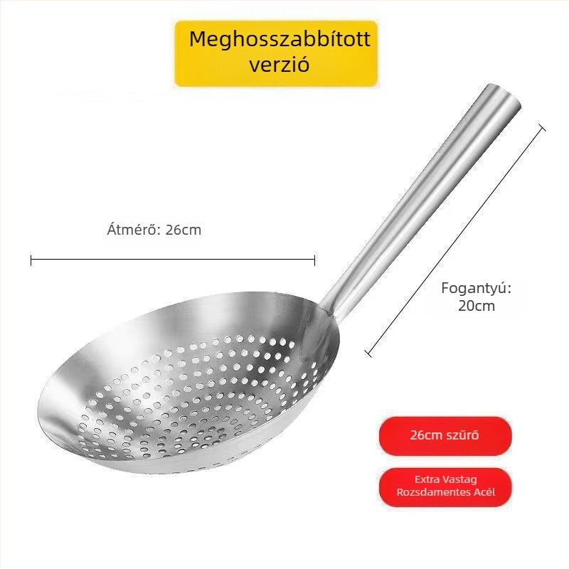 Szűrőkanál tészta és gombóc számára – 304 rozsdamentes acél, hőálló, fogantyú rozsdamentes acélból