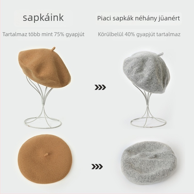 Gyerekeknek készült beret, gyapjúkeverék, kupola alakú, perem, téli