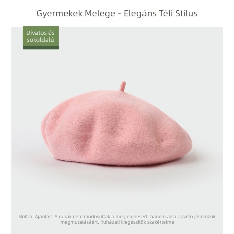 Gyerekeknek készült beret, gyapjúkeverék, kupola alakú, perem, téli