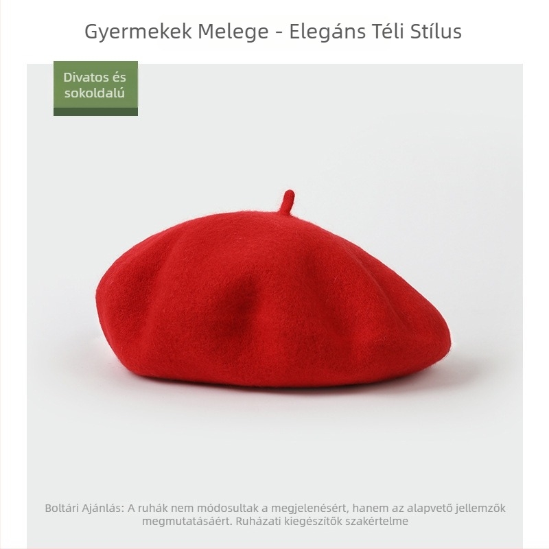Gyerekeknek készült beret, gyapjúkeverék, kupola alakú, perem, téli