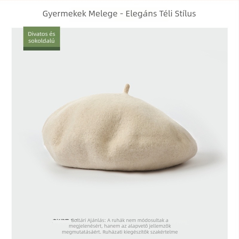 Gyerekeknek készült beret, gyapjúkeverék, kupola alakú, perem, téli
