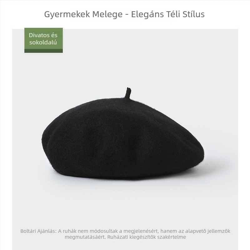 Gyerekeknek készült beret, gyapjúkeverék, kupola alakú, perem, téli