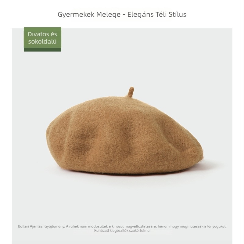 Gyerekeknek készült beret, gyapjúkeverék, kupola alakú, perem, téli