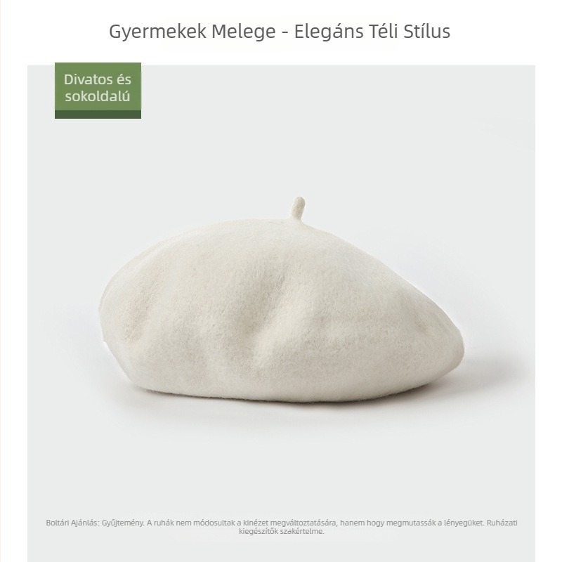 Gyerekeknek készült beret, gyapjúkeverék, kupola alakú, perem, téli