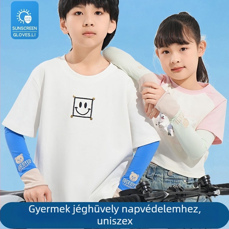 Ice silk karvédő gyerekeknek – nyári UV védelem, aranyos medve minta, vékony kivitel, 8–13 éveseknek