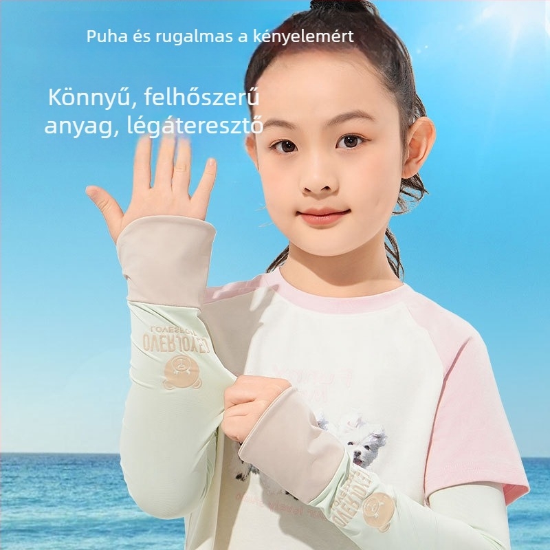 Ice silk karvédő gyerekeknek – nyári UV védelem, aranyos medve minta, vékony kivitel, 8–13 éveseknek