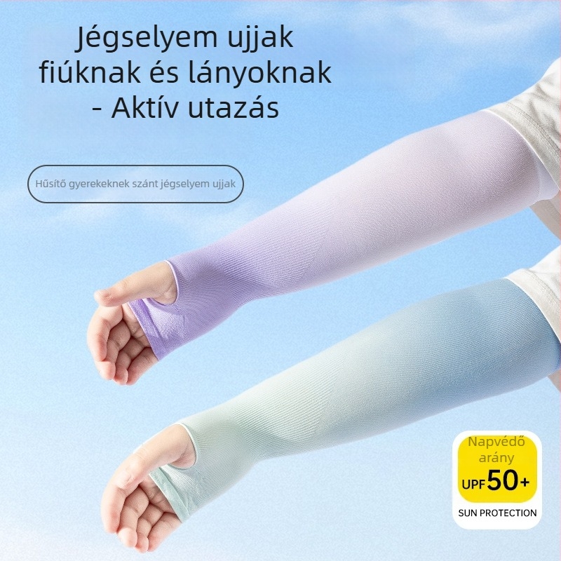 Gyermekek UV-védelmet nyújtó hűtő ujjvédők, nylon anyag, 80–90% nylon tartalom, 28–34 g/m² vastagság, ujjakhoz nyílásokkal