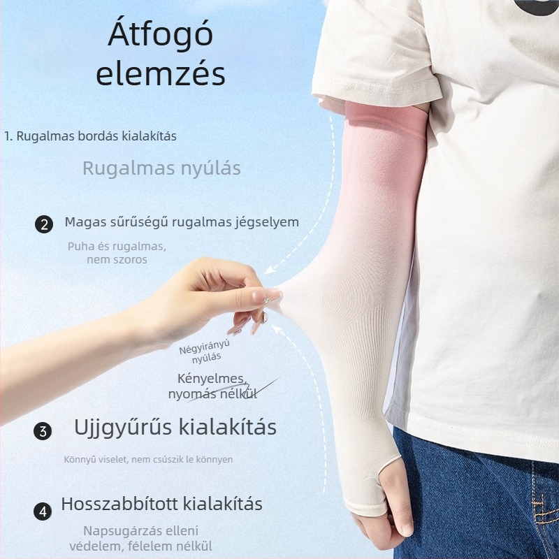 Gyermekek UV-védelmet nyújtó hűtő ujjvédők, nylon anyag, 80–90% nylon tartalom, 28–34 g/m² vastagság, ujjakhoz nyílásokkal